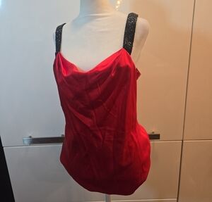 Vintage 100% Silk Black Beaded Red Camisole Tank Top Blouse Womens Size 8